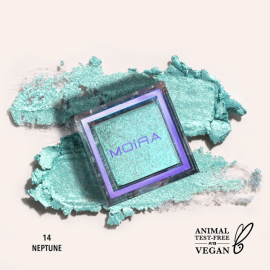 Moira Lucent Cream Shadow Neptune 14 turquoise shimmer cream eyeshadow with metallic finish, vegan formula and high-impact sparkle for eye makeup.